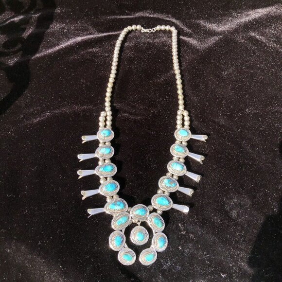 Vintage Sterling Silver Navajo Kingman Turquoise Squash Blossom Necklace Jewelry - Picture 2 of 16
